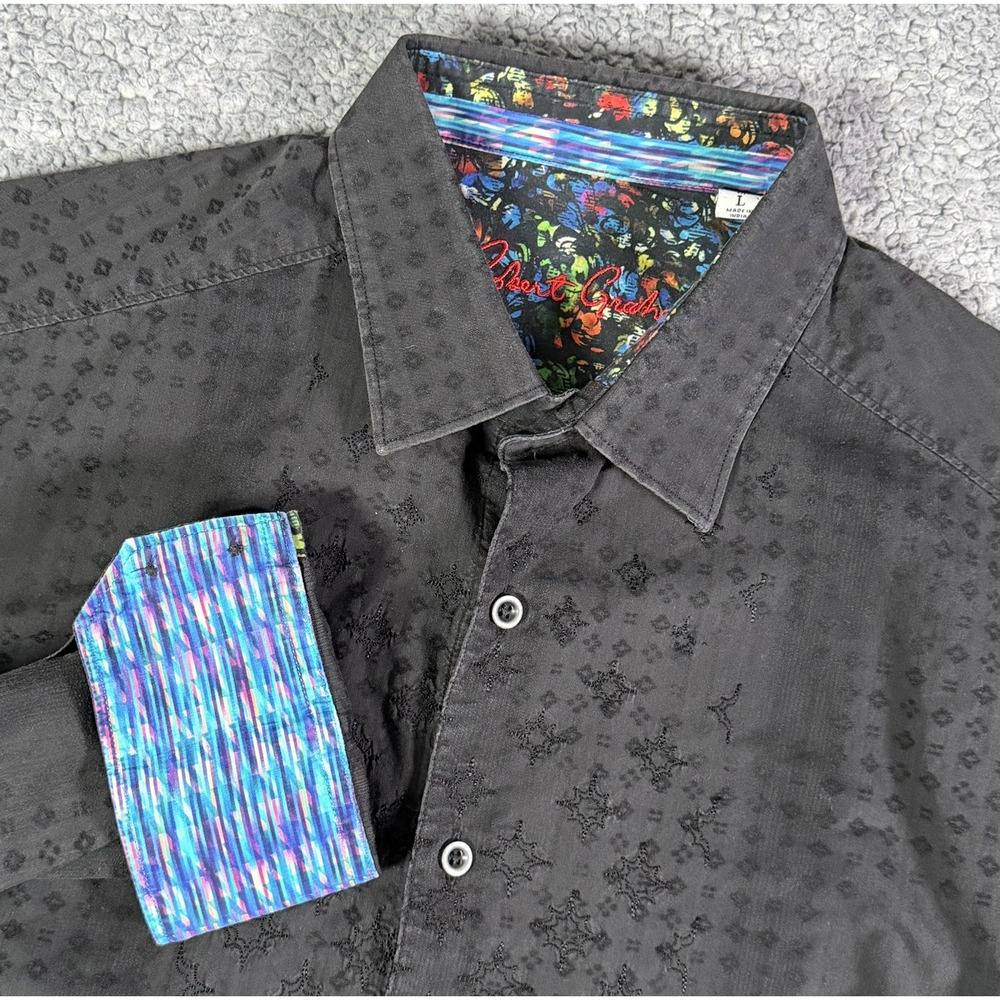 Robert Graham Button Up Shirt Mens Large Black Geometric Embroidered Flip Cuffs